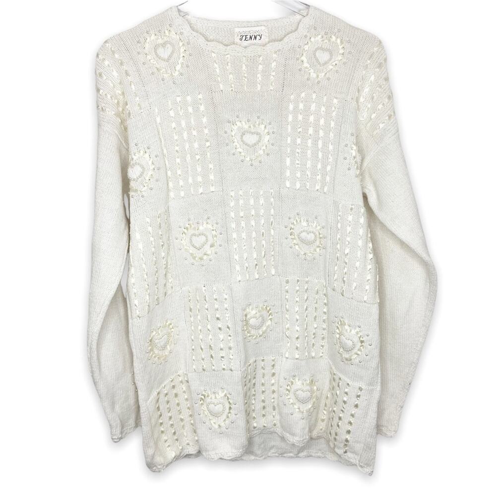 Vintage Jenny Pearl Ribbon Heart Cottagecore Grannycore Pullover Sweater Sz M